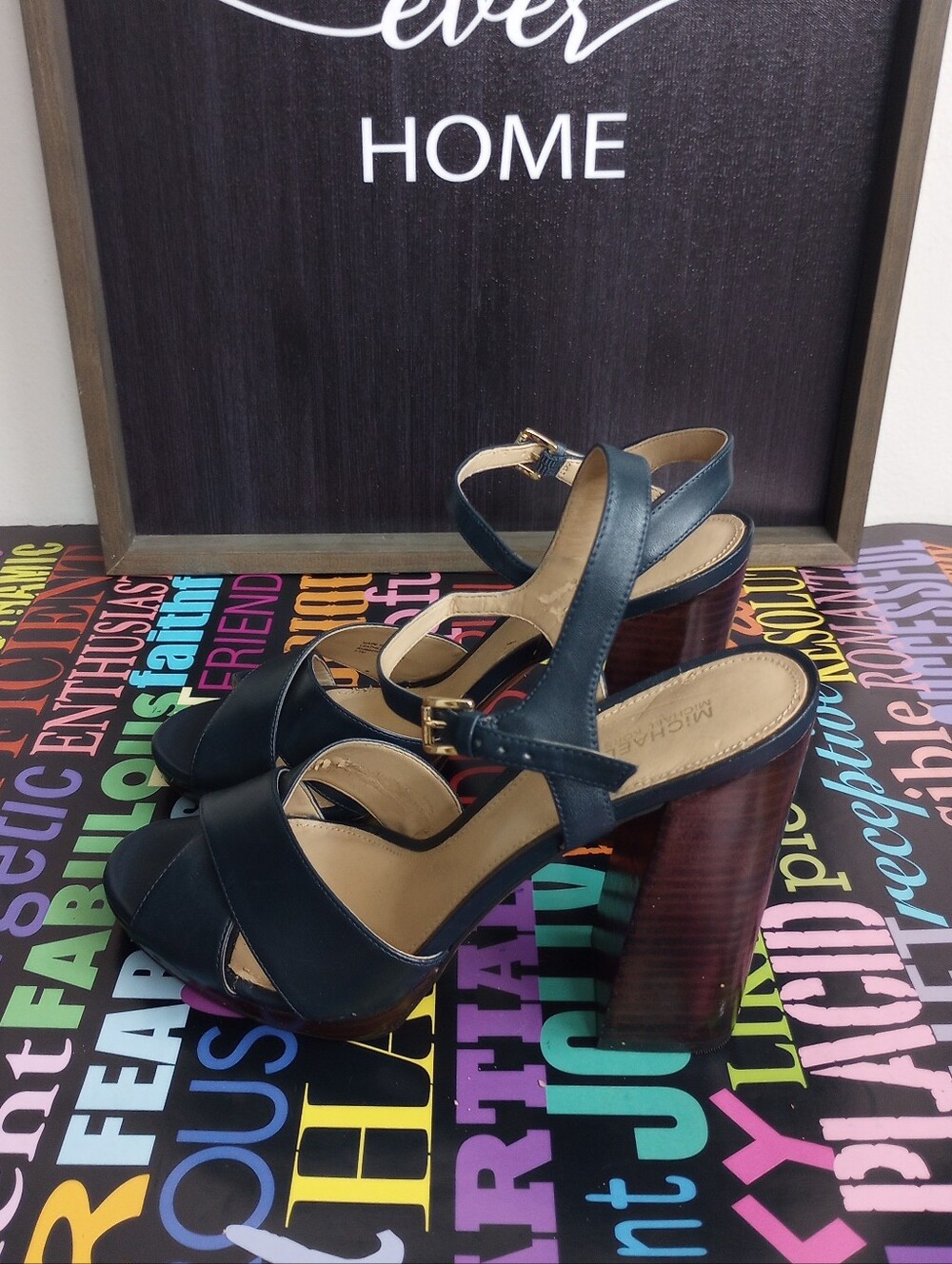 MK Navy Blue Leather Crisscross Ankle-Strap Sandals